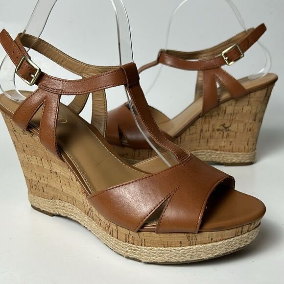 FRANCO SARTO Seema Women's Sz 9 M Tan Leather T-Strap Cork sandals Heels Shoe - Picture 2 of 11